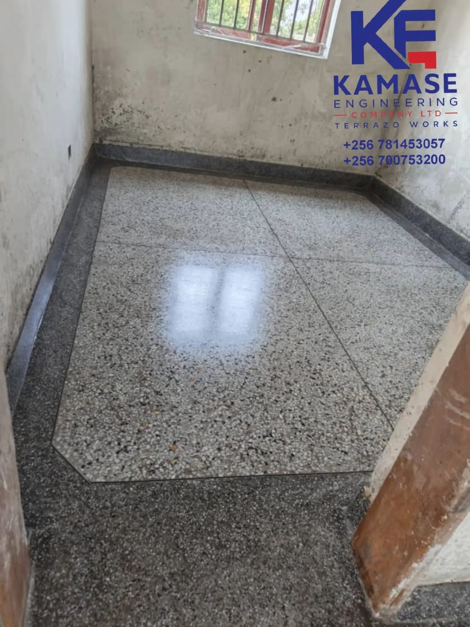 Terrazzo corridor featuring white inlay and dark borders