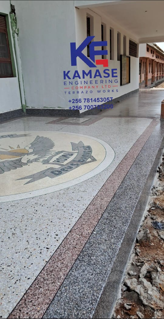 Custom terrazzo emblem and border at an institutional building
