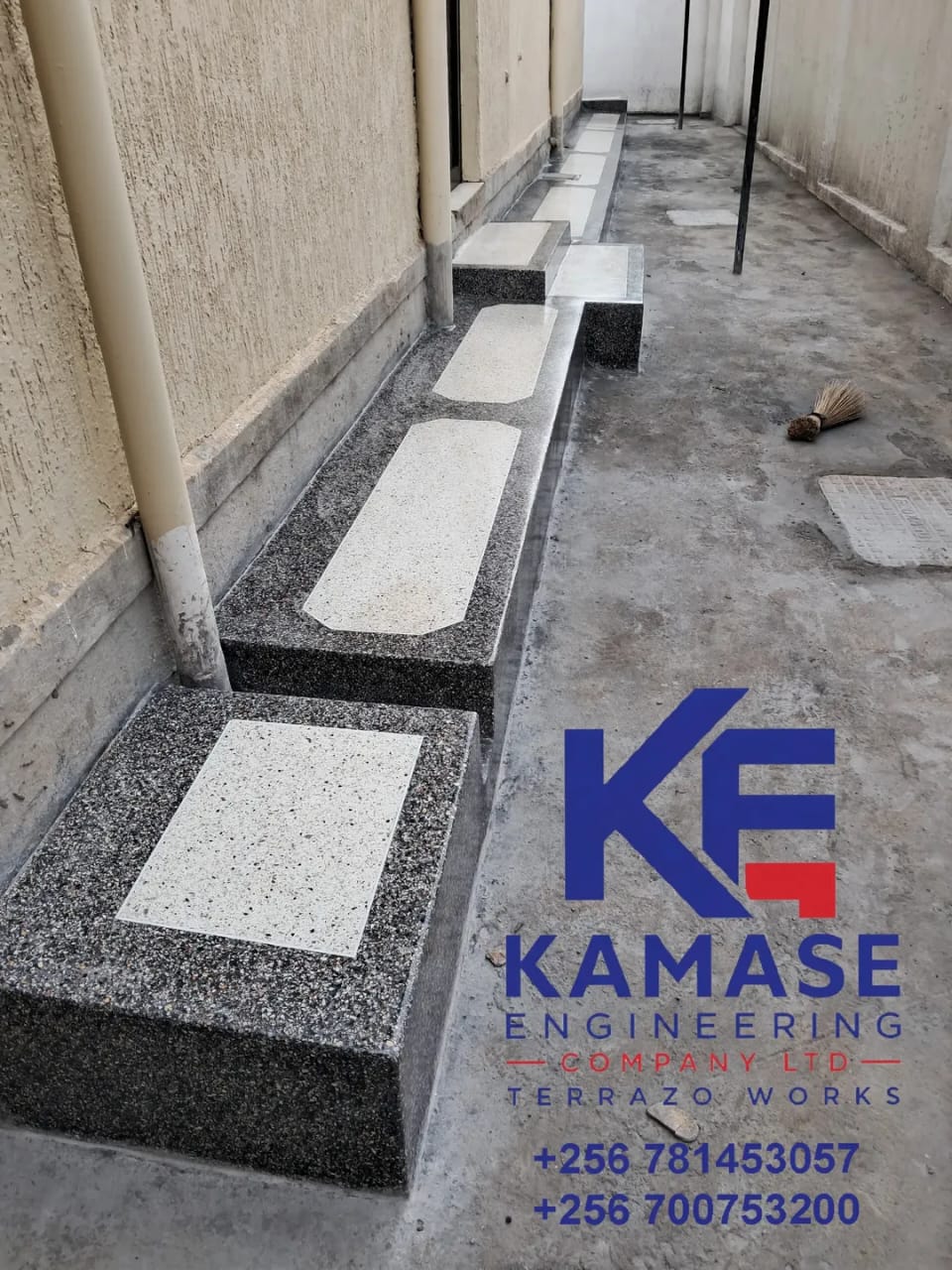 Custom terrazzo built-in benches with contrasting insets